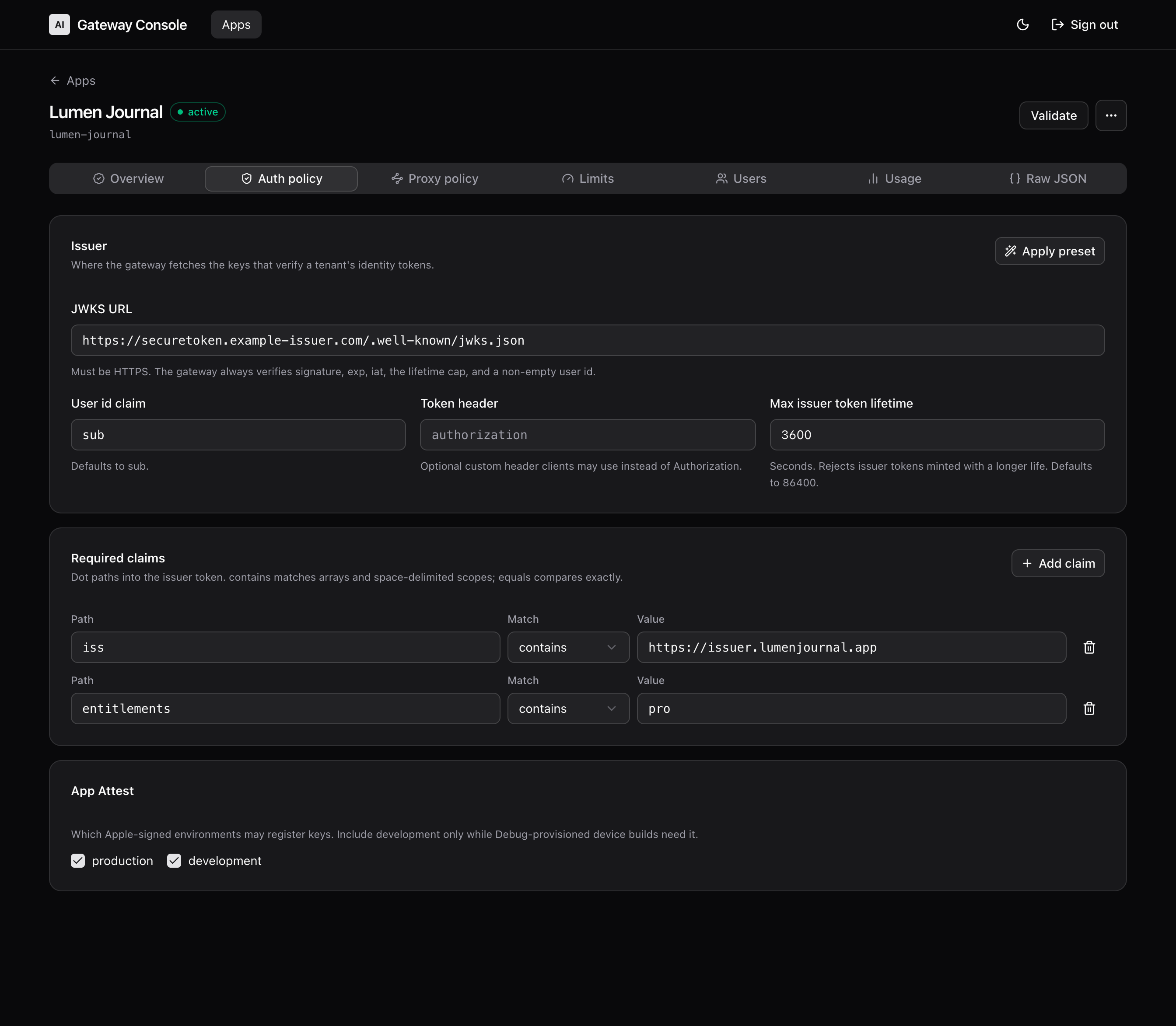 The authentication policy tab showing the issuer JWKS URL, the user id claim, a list of required token claims, and the App Attest card with team identifier, bundle identifier, and accepted environments.