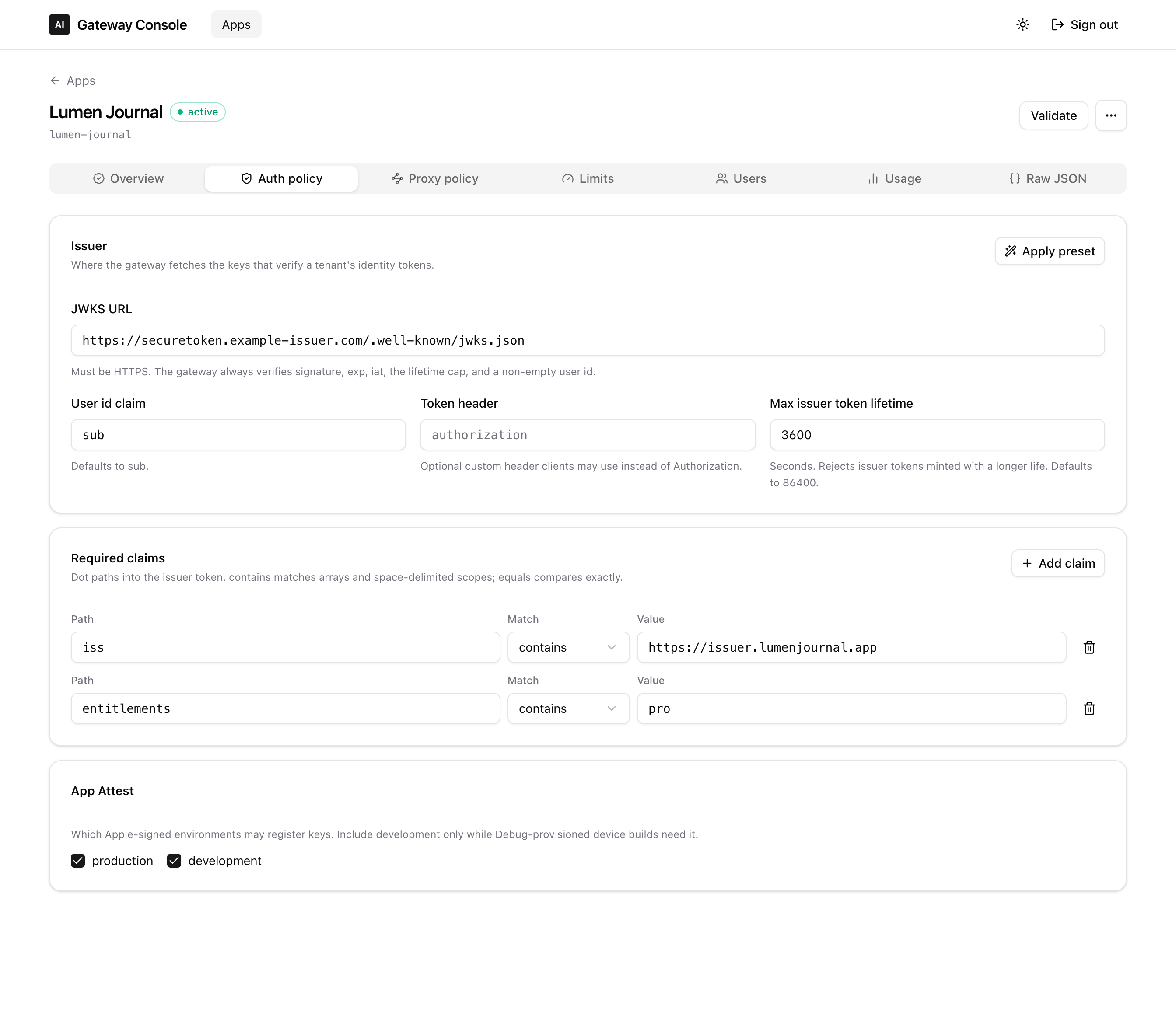 The authentication policy tab showing the issuer JWKS URL, the user id claim, a list of required token claims, and the App Attest card with team identifier, bundle identifier, and accepted environments.