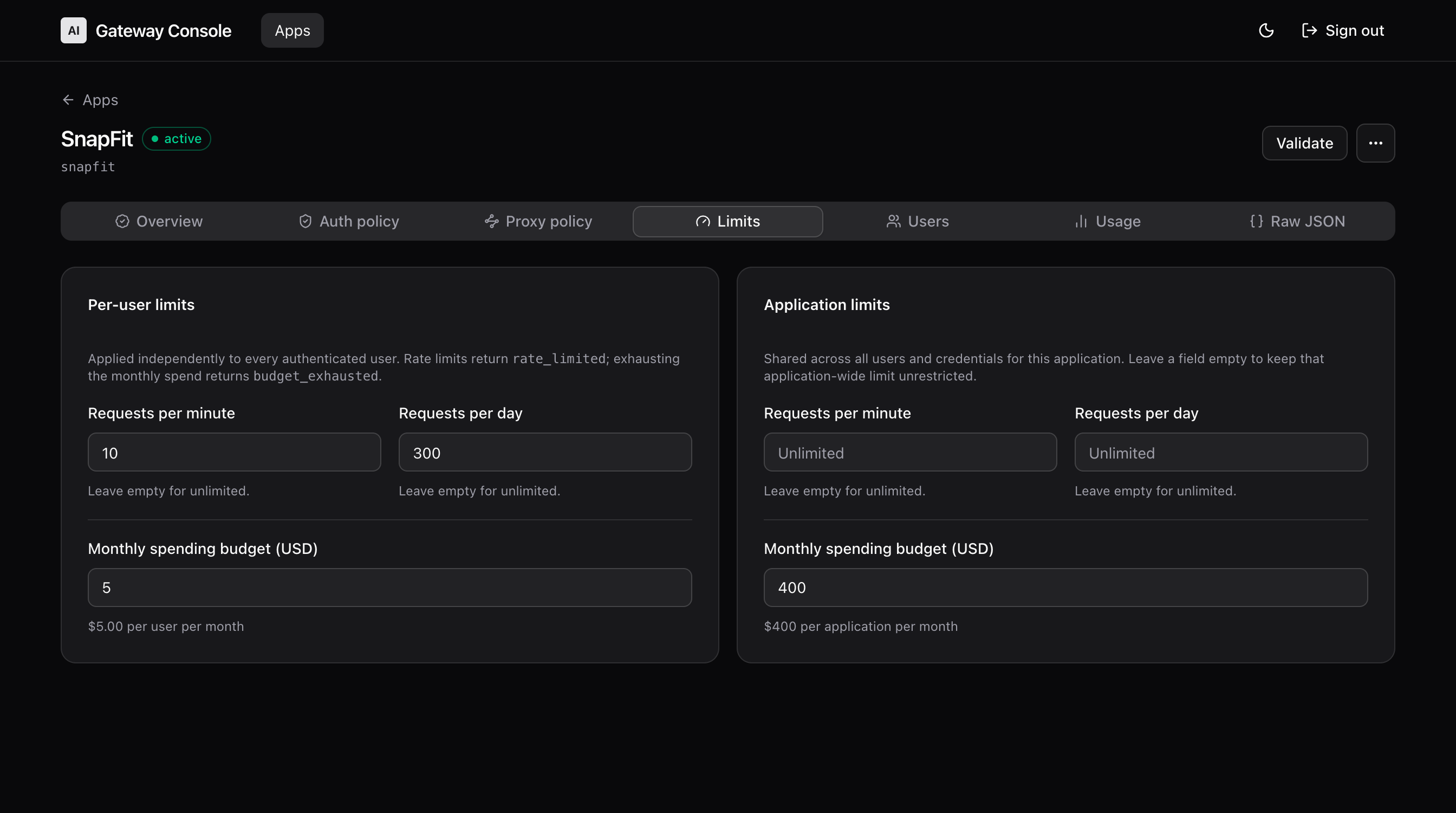 The limits tab showing per-user requests per minute, requests per day, and monthly spending budget alongside the same fields scoped to the whole application.