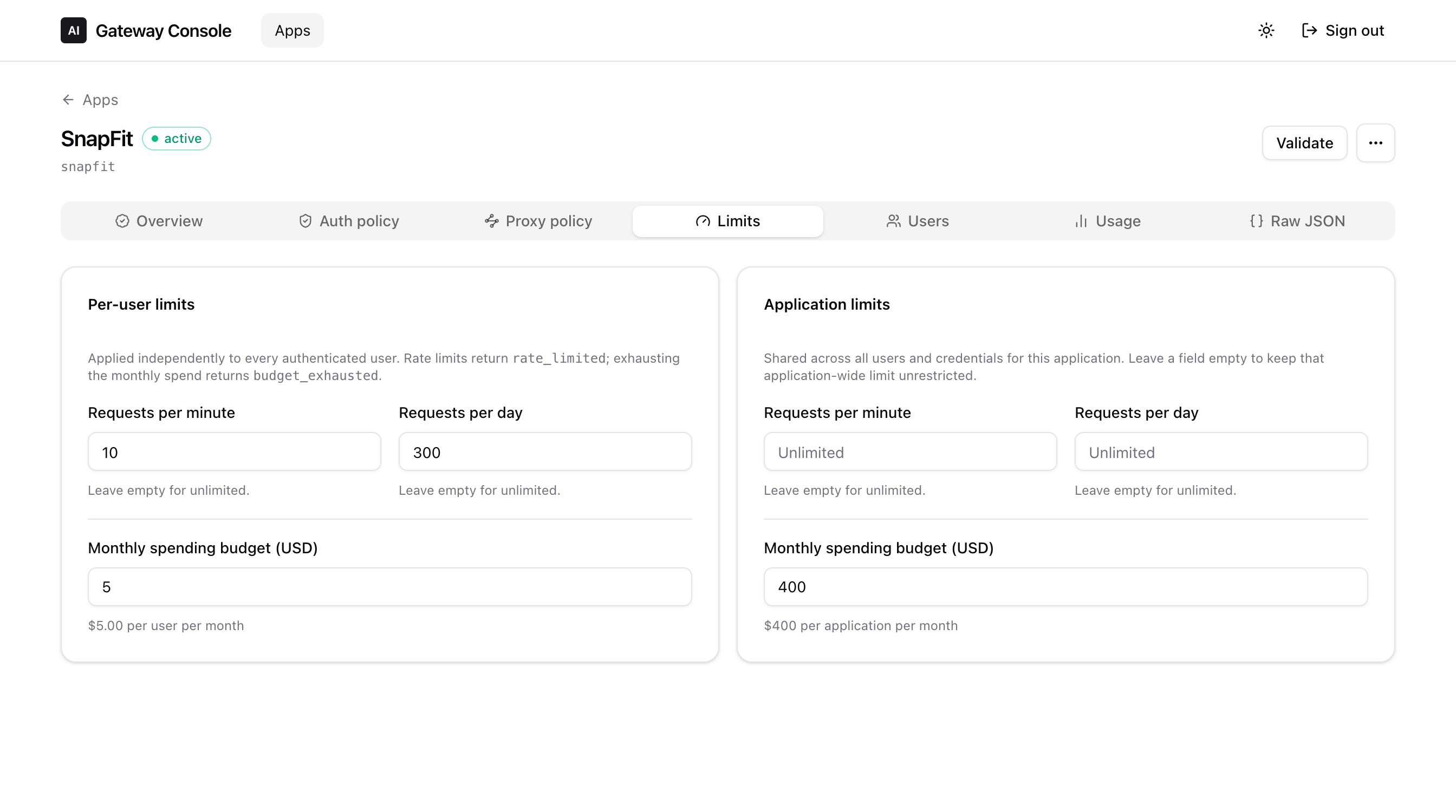 The limits tab showing per-user requests per minute, requests per day, and monthly spending budget alongside the same fields scoped to the whole application.