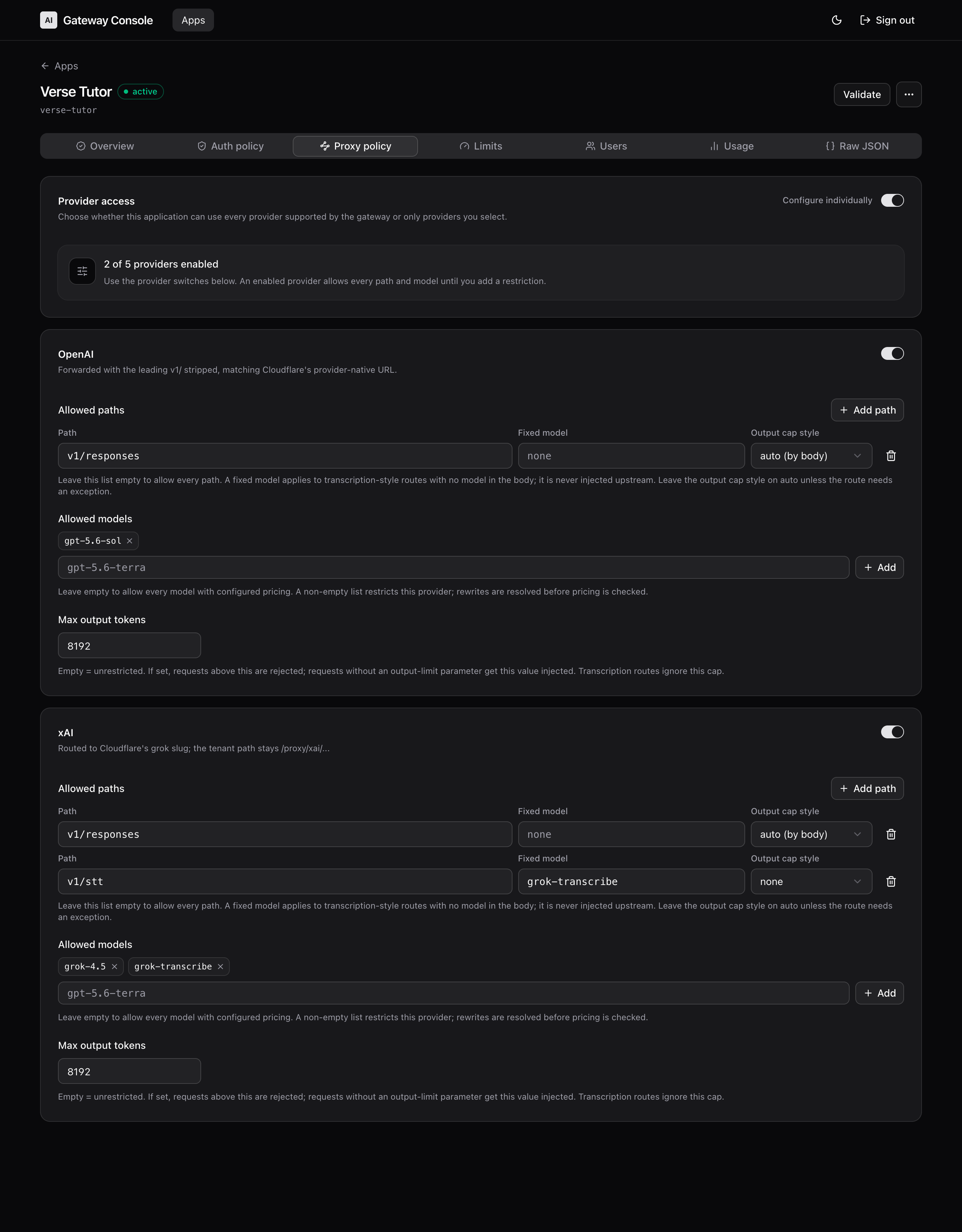 The proxy policy tab showing which providers are enabled for an application, with their allowed request paths, allowed models, and maximum output tokens.