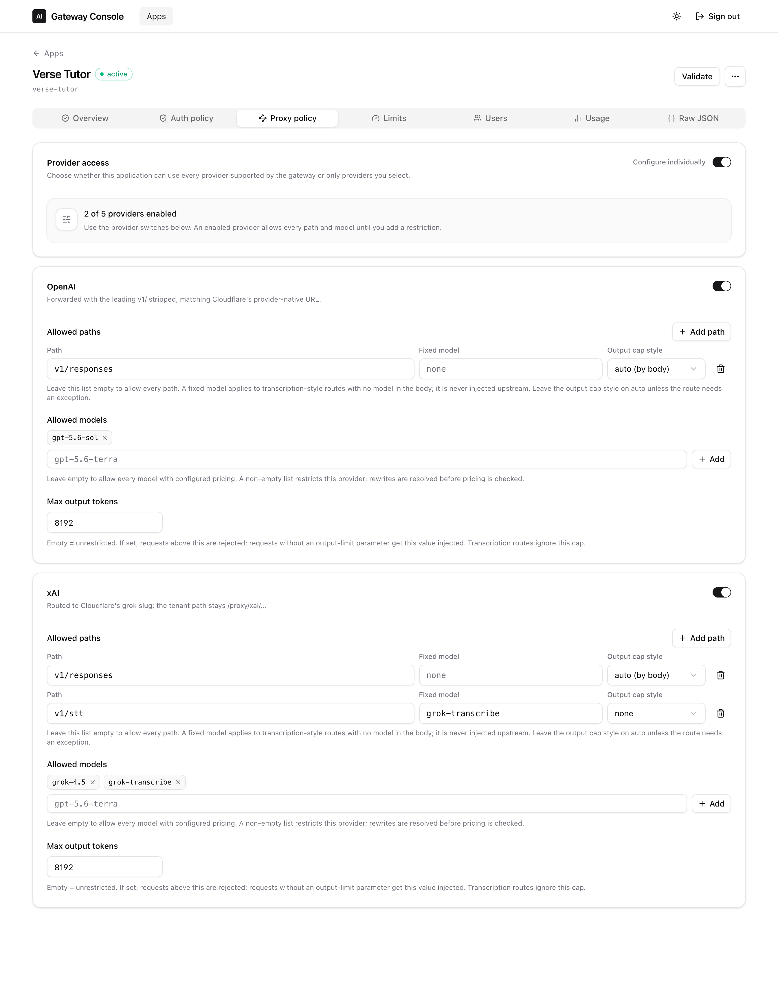 The proxy policy tab showing which providers are enabled for an application, with their allowed request paths, allowed models, and maximum output tokens.