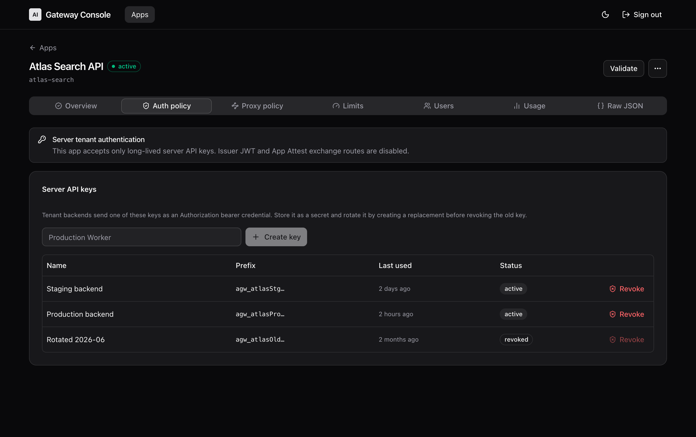 The server API keys page listing three application keys with their display prefixes, creation dates, last-used times, and one revoked key.