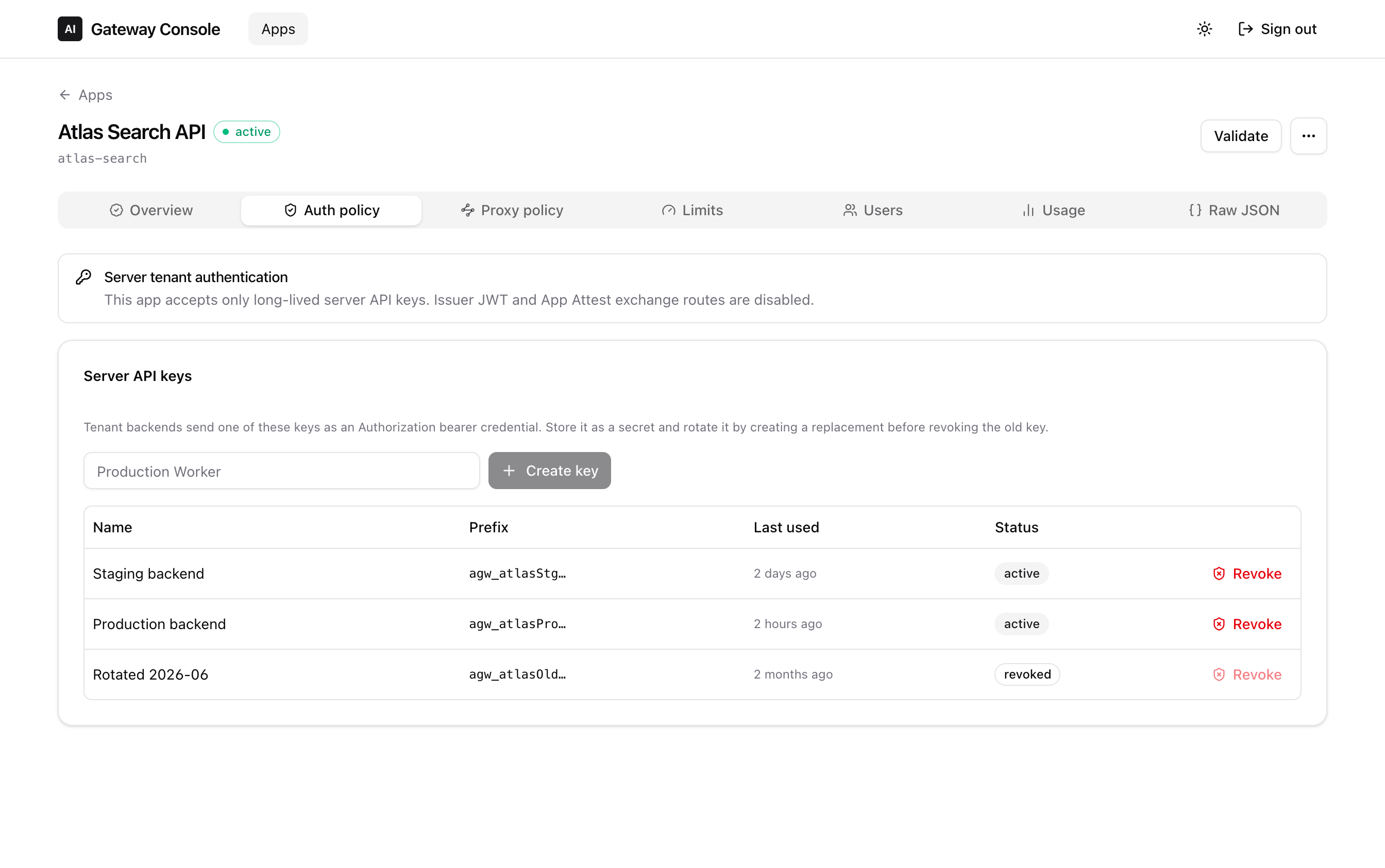 The server API keys page listing three application keys with their display prefixes, creation dates, last-used times, and one revoked key.
